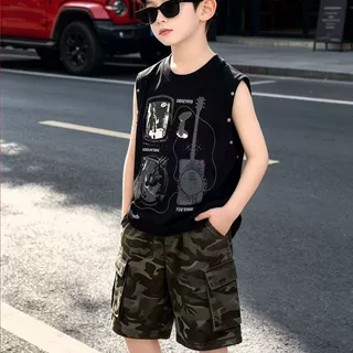 儿童夏季新款潮酷套装韩版男童无袖背心两件套迷彩短裤洋气时尚
