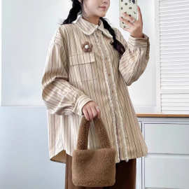日系条纹灯芯绒加绒加厚衬衫女秋冬新款宽松百搭减龄毛边翻领上衣