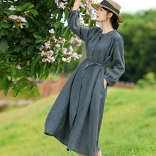 高级灰纯亚麻连衣裙复古长衬衣2025秋装新款