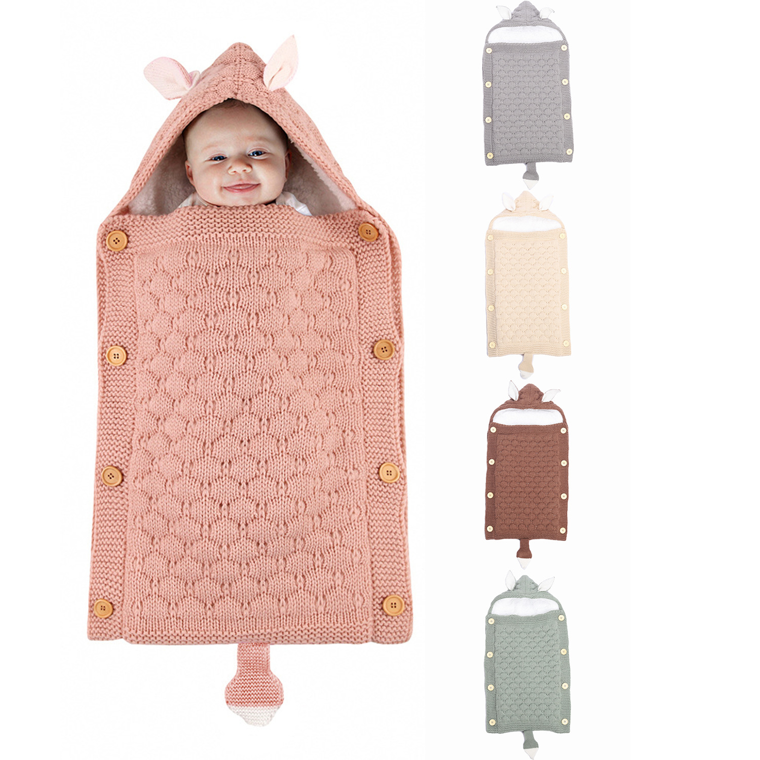 春秋季婴儿针织兔耳朵睡袋摄影道具纯色新生儿信封式防踢被襁褓毯