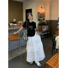 韩系套装女夏季蝴蝶结印花短袖T恤白色蕾丝蛋糕半身裙时尚两件套