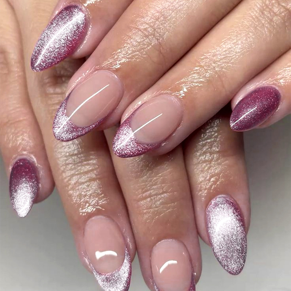 Puntas de Uñas Postizas Moradas Ojo de Gato, Elegantes y Duraderas, con Forma de Almendra, para Manicura Suave, Set de 24 Piezas, Puntas de Uñas Transfronterizas