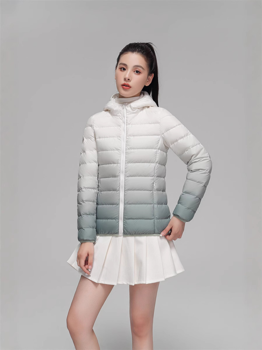 Transfronterizo Tik Tok otoño y invierno nuevo 90 camisa de plumón ligera cuello con capuchón de color gradiente de gran tamaño blanco