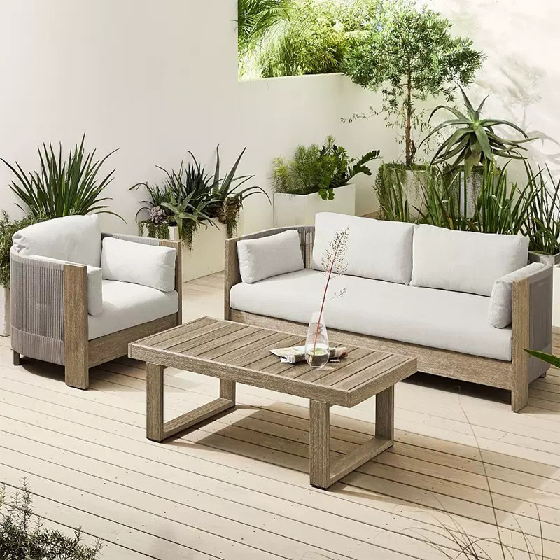Sofá al aire libre de teca, patio, balcón, ocio, combinación de ratán de madera maciza, terraza de villa al aire libre, silla de ratán impermeable y de protección solar