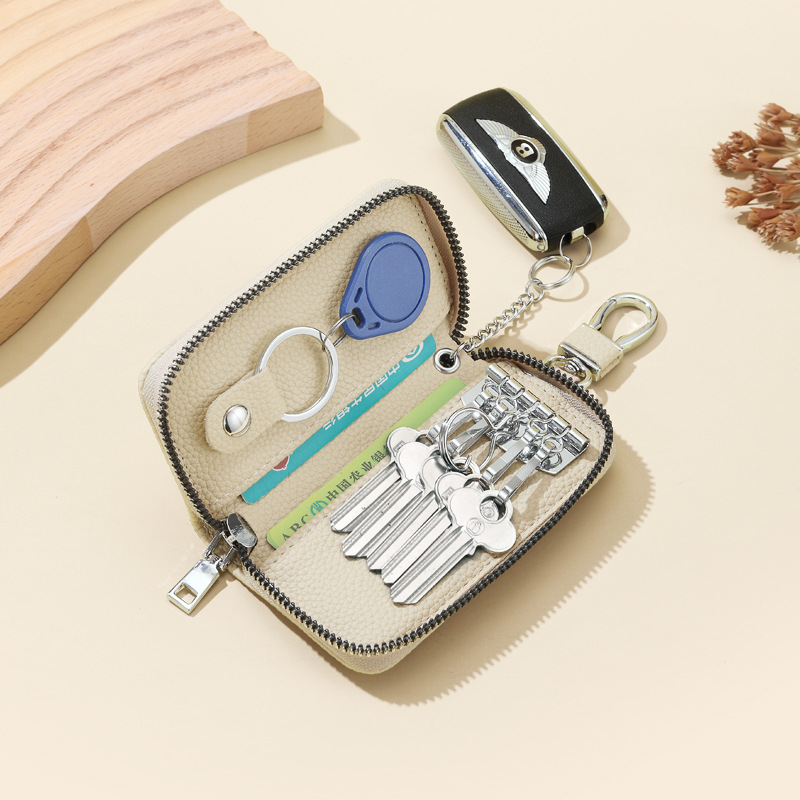 Bolsa de llaves de automóviles domésticos litchi de gran capacidad para hombres y mujeres, bolsa de llaves con cremallera de cintura