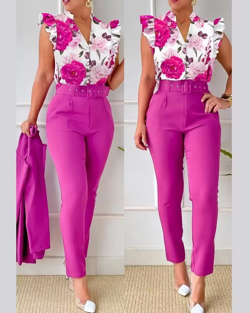 273g Weight Sleeveless Sleeve Length Polyester Fabric Type Office Women's Business Fashion Stripe Polyester Printing Pant Co-ord Set Pants Sets