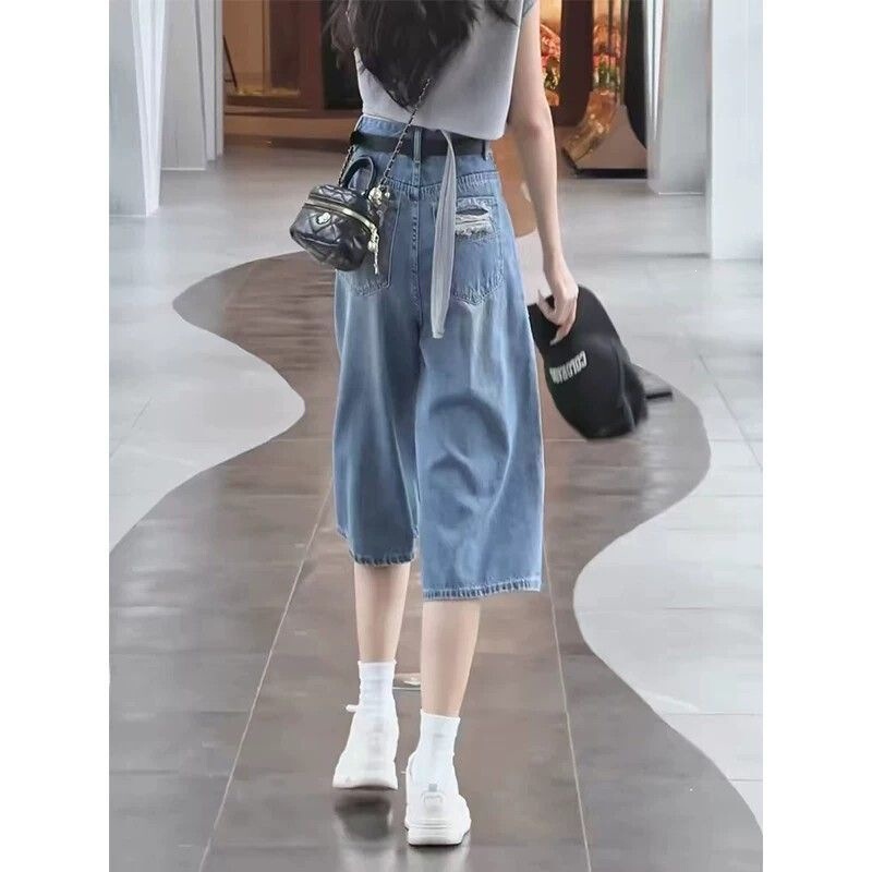 Plus-size ripped denim cropped jeans for women, summer thin style, for plus-size women, ice silk high-waisted slimming straight wide-leg mid-length pants