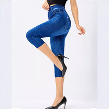 跨境热卖wish速卖通 弹力仿牛仔打底裤 七分裤修身提臀百搭一体裤