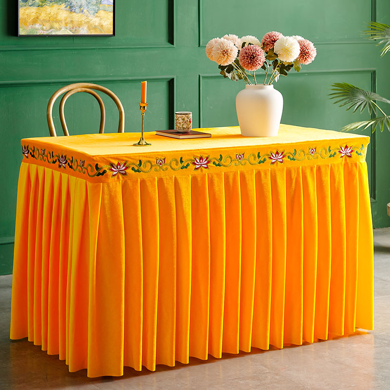 I9AT加厚金丝绒莲花刺绣寺庙八仙桌佛案桌布佛台佛堂供桌黄色桌裙