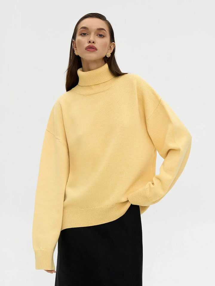 Áo len nữ cổ cao dài tay dáng rộng màu trơn — Màu Kaki, Màu cam, Màu nâu nhạt, Màu trắng chi tiết 49