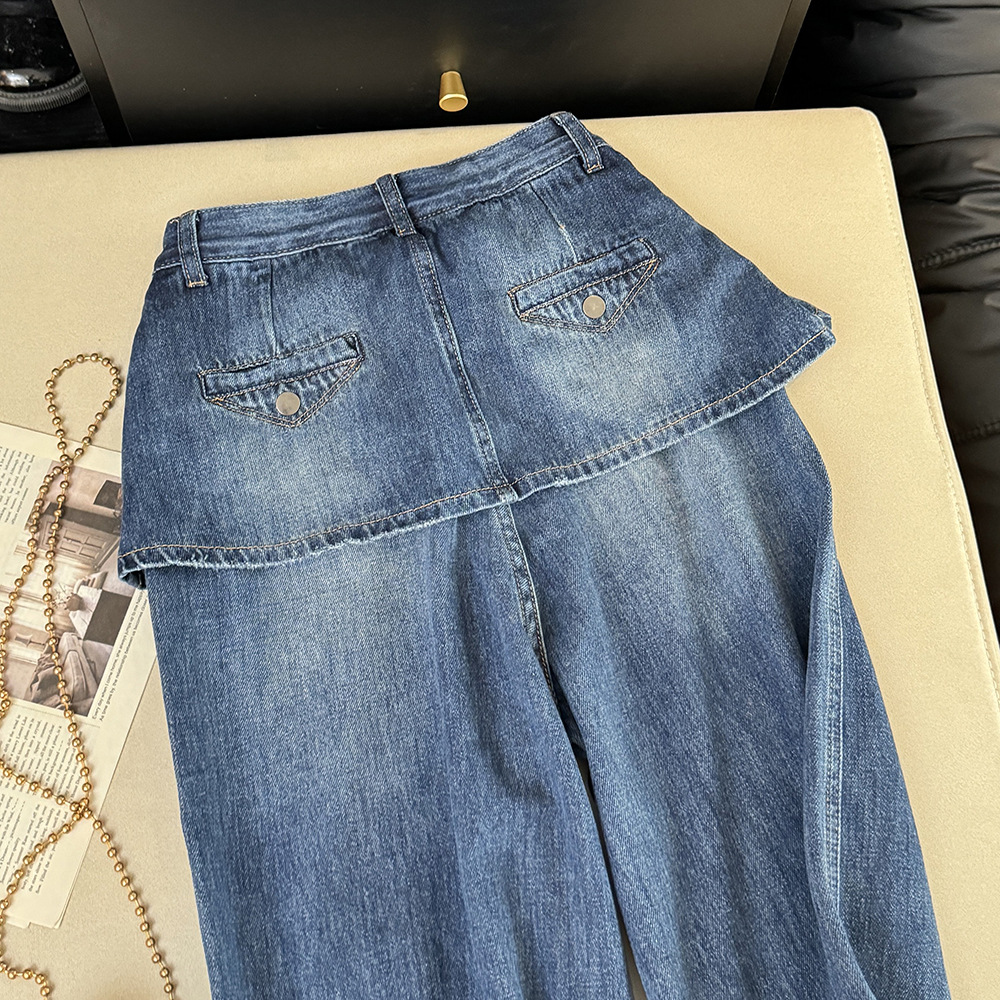 High-Waisted Faux Two-Piece Slimming Wide Leg Denim Culottes Casual Straight Leg Loose Fitting Summer Trendy Women's Jeans_ecoleips.com