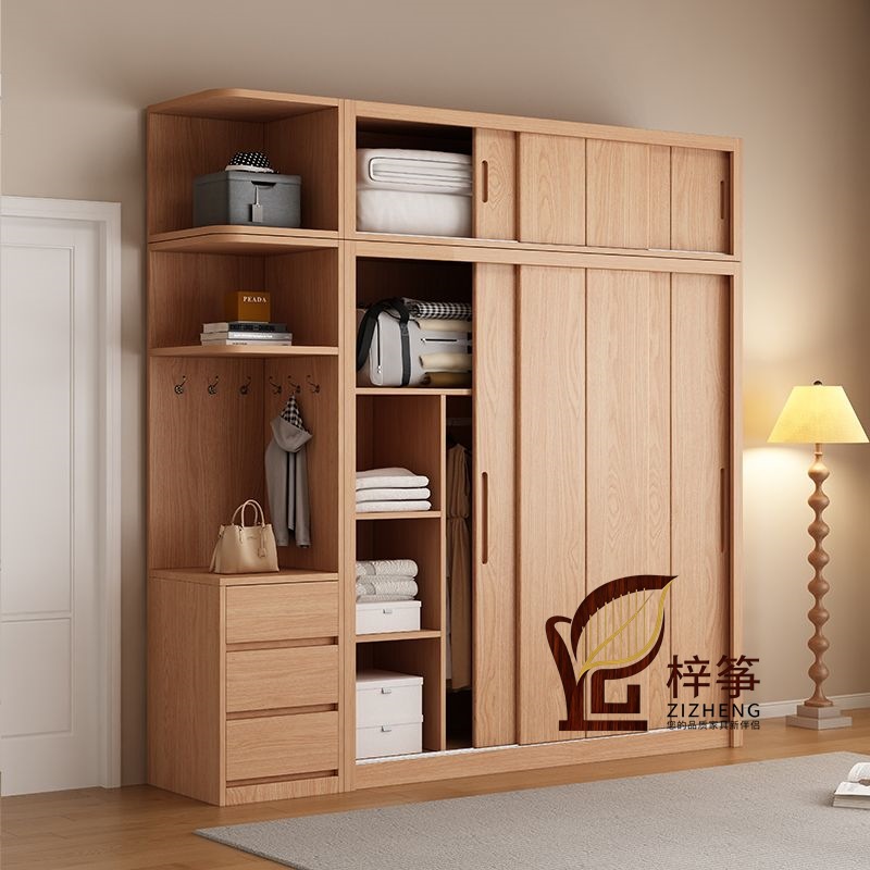All Solid Wood Pine Sliding Door Wardrobe Modern Log Children's Wardrobe Simple Wardrobe Home Bedroom Storage Cabinet