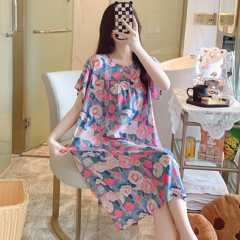 韓国スタイルの女性用の非常に長い綿シルクナイトガウン、半袖プラスサイズのパジャマ、夏の人工綿のゆったりとした快適なホームウェア|undefined