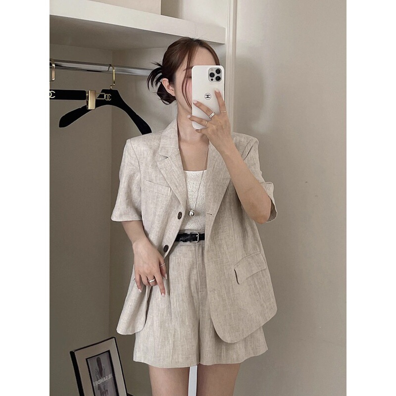 Korean Chic2026 Summer Retro Style Single-Breasted Thin Short-Sleeved Blazer + Casual Wide-Leg Shorts