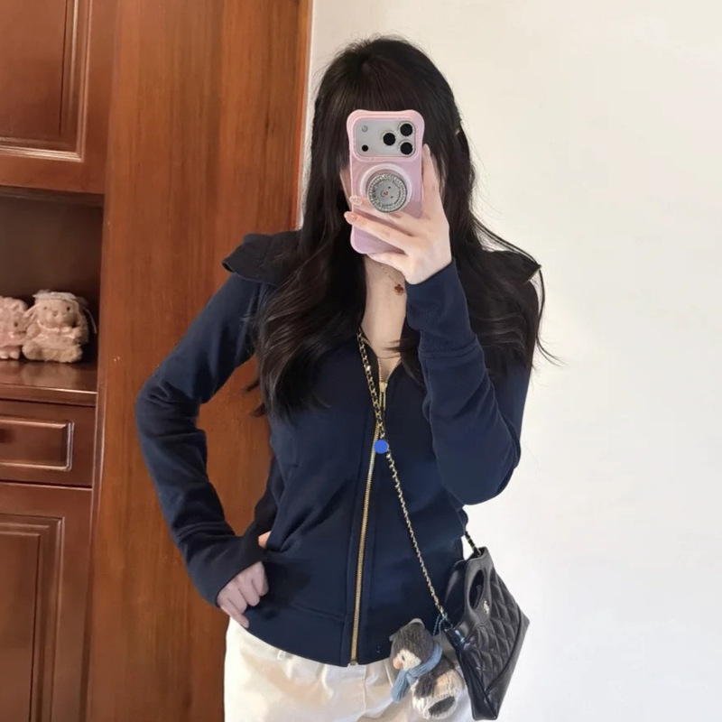 Lulu Hot-Selling In-Stock Scuba Navy Blue Gold Hooded Sweatshirt Women's Quick-Dry Slim-Fit Jacket Stylish Top