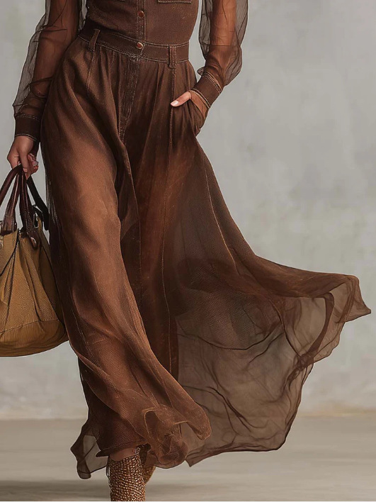 Retro Brown Cotton Maxi Dress With Button V Neck Long Sleeve Organza Stitched For Women European And American Style Independent Website_ecoleips.com