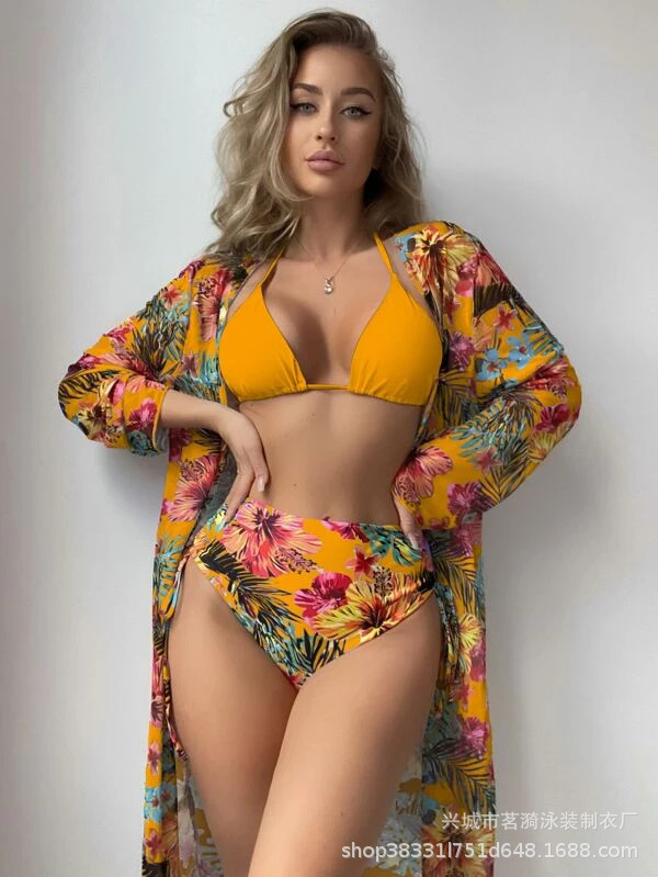 Mingyi nuevo europeo y americano multicolor sexy bikini moda split malla blusa tres piezas traje de baño de las mujeres