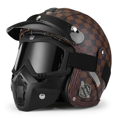 3c certification retro cruise motorcycle: Motosiklet dəbilqələri - m-brown-plaid-print-style-mirror-set-leave-a-message-to-change-to-a-transparent-mirror-free-brim-face-towel