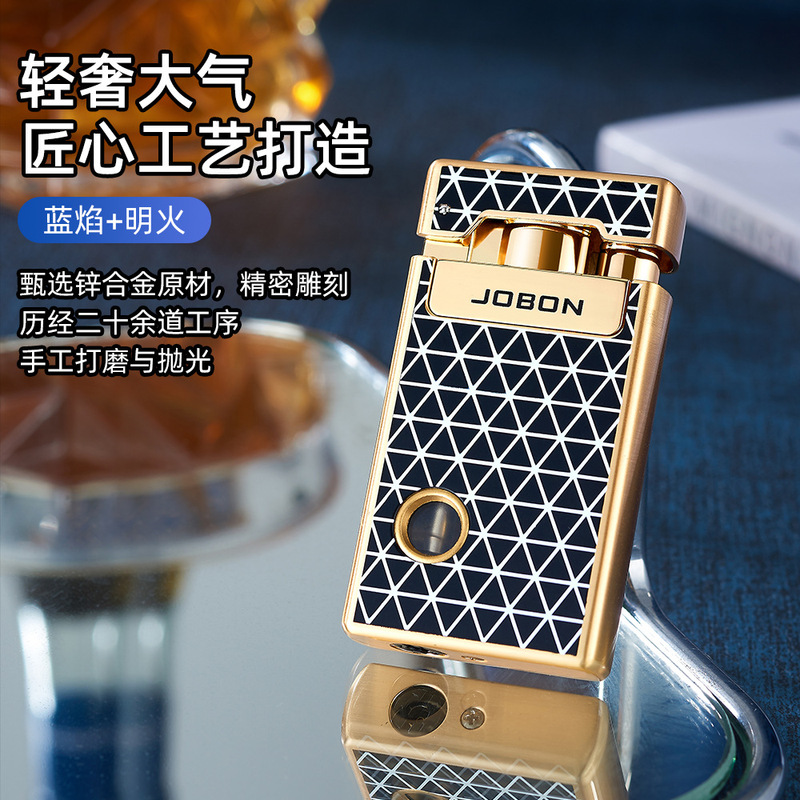 JOBON双火打火机透明可视气仓直冲软火两用充气防风点烟器打火机|undefined