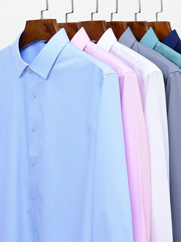 Fibra de bambú no planchar camisa de manga larga de los hombres estiramiento antiarrugas ropa de trabajo color sólido slim fit camisa de negocios