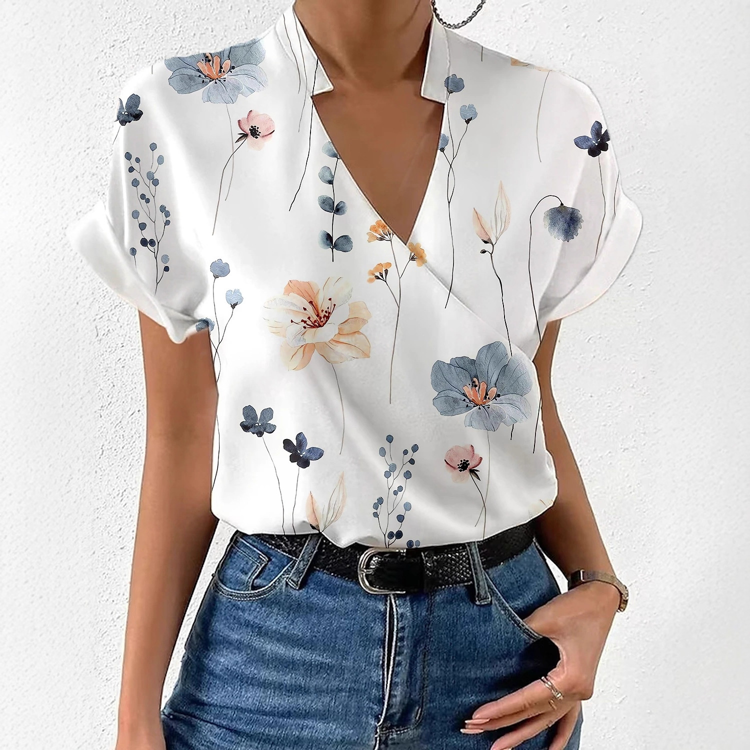 2023 Estación independiente deseo Amazon popular verano suelta cuello en V collar impreso camisa ropa de mujer image 3