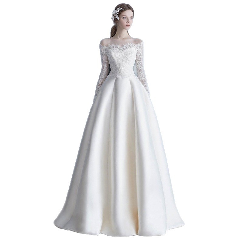 Europäisch-amerikanischer Stil, bodenlang, neues Modell 2026: Brautkleid aus Spitze und Satin mit hohem Bund und Schleppe_voghion.com