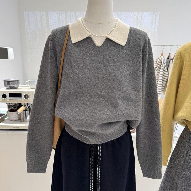 Loose and slimming【 40-100kg 】Color-blocked turn-down collar knit top for women, autumn and winter sweater, youthful base shirt, trendy