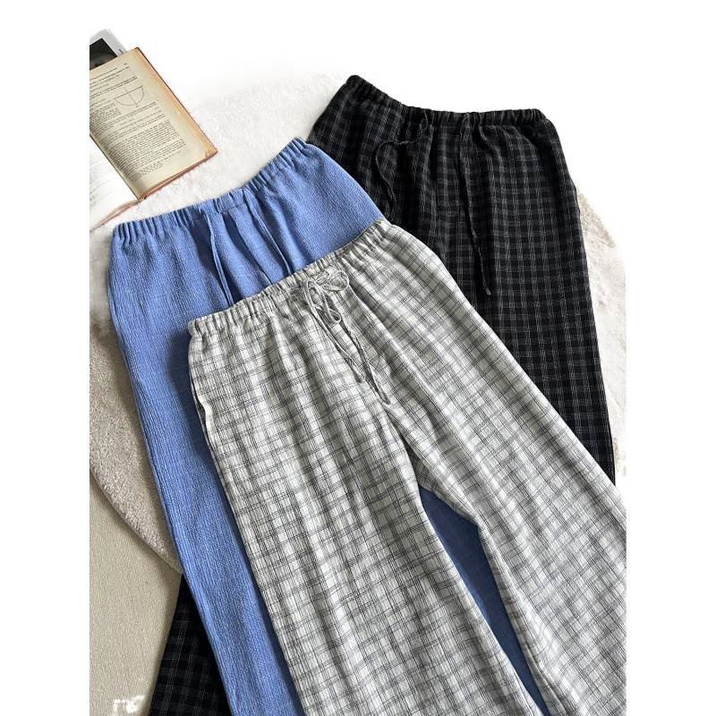 Salt-shrunk bubble wrinkle plaid A-line drawstring casual pants, loose fit