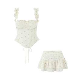 欧美风碎花木耳边修身收腰抹胸吊带上衣低腰褶皱蛋糕半身裙套装