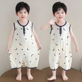 男童卡通星星月亮立体莫代尔睡衣夏季薄款无袖家居服爬爬服睡袋