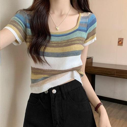 2023 New Rainbow Stripe Square Neck Short Sleeve T-Shirt Women's Summer New Right Shoulder Knitwear Sweet Spicy Short Top