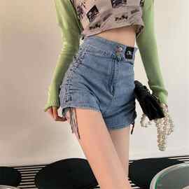 春夏韩版大码胖mm高腰牛仔短裤女抽绳设计感显瘦百搭绑带包臀热裤
