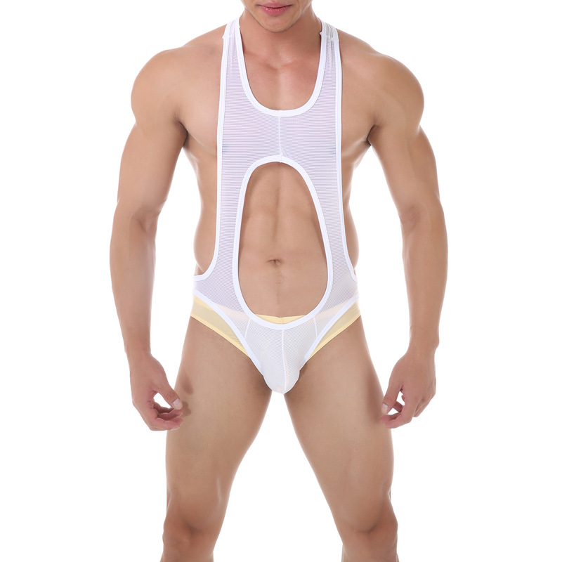Sexy Men's Fine Mesh Breathable One-piece Underwear Fashionable Men's Youth Body-shaping Vest Adult's Empty One-piece Pants