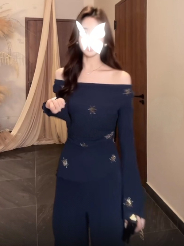 辣妹复古针织套装女春秋气质修身款显瘦v领路肩长袖喇叭裤两件套|undefined