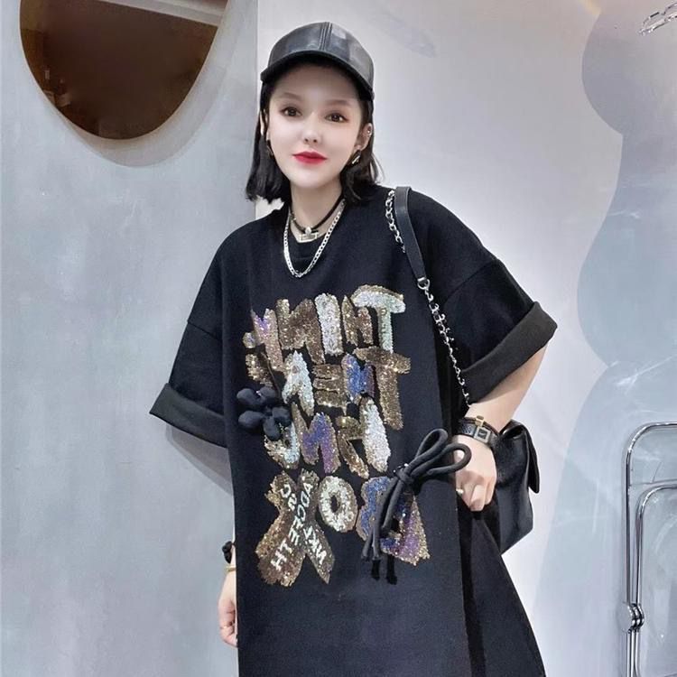 Gran tamaño de ropa de mujer grasa mm2 - 300 kg industria pesada caliente perforación media y larga camiseta de manga corta de moda de mujer nueva camiseta de manga corta falda