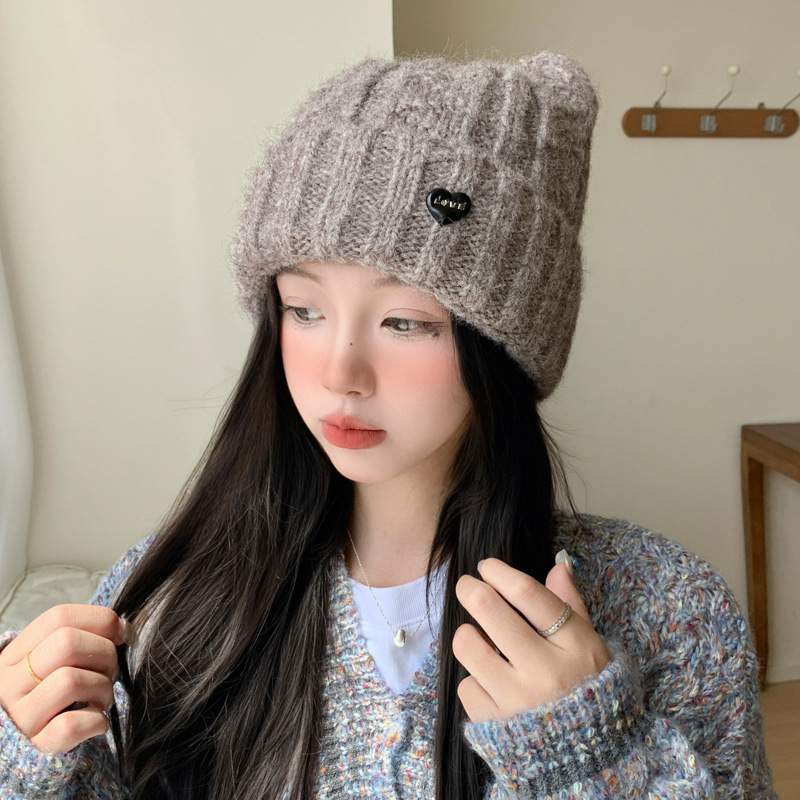 日系猫耳甜美可爱包头帽秋冬季帽子女大头围显脸小百搭针织毛线帽|undefined