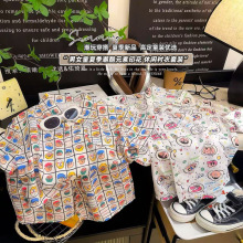 2025新款夏季儿童卡通短袖套装男童女童翻领上衣中小童七分裤洋气