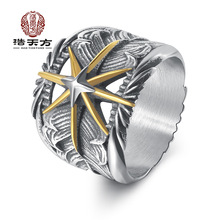 外贸跨境不锈钢间金色印第安人羽毛八芒星宽版欧美男士戒指手饰