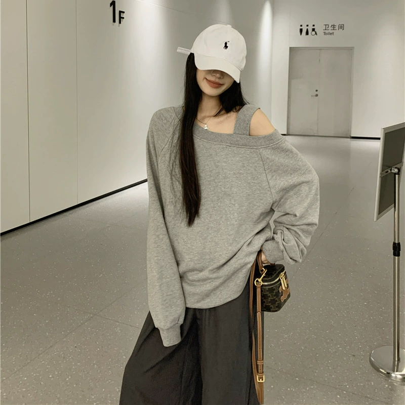 Распродажа: прямые поставки, женская толстовка в американском стиле с открытыми плечами, свободного кроя, с длинными рукавами, весенне-осенний дизайн, модный топ.