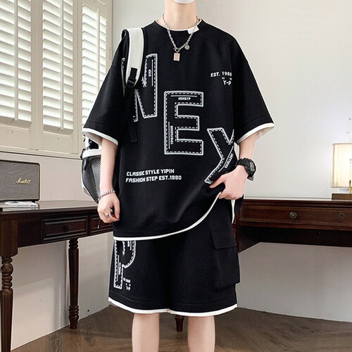 Men's Summer Casual Sports Suit, Loose Fit, Plus Size, Half-Sleeve Short Sleeve Shorts Two-Piece Set