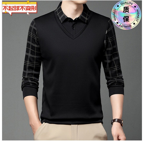 Men's Spring and Autumn Collared Long-Sleeve Checkered Polo Shirt for Middle-Aged and Elderly Leisure Splicing Two-Piece Business Casual Shirt