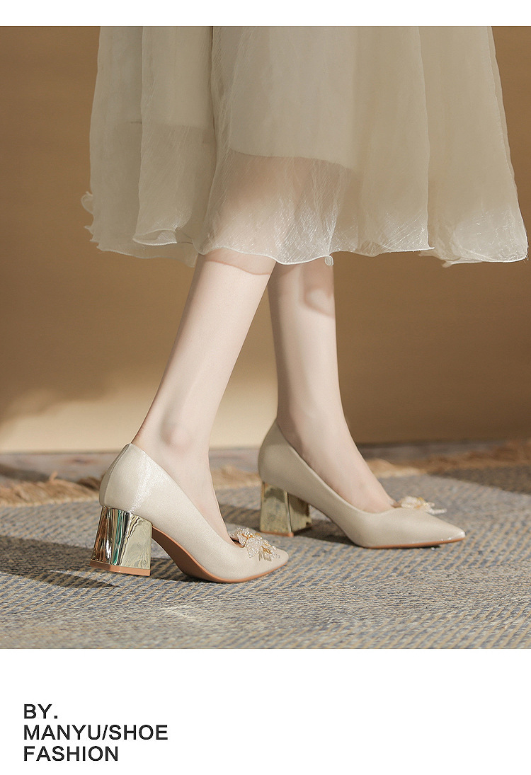Giày cao gót nữ mũi nhọn satin gót thô Jin Gang CH60-41 — Màu đỏ rượu chi tiết 11