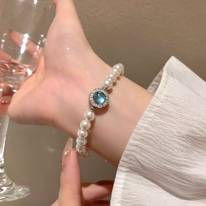 New Pearl Aqua Blue Bracelet Girl Niche Design Exquisite Beaded Light Luxury Style Elegant Girlfriend Bracelet Trend