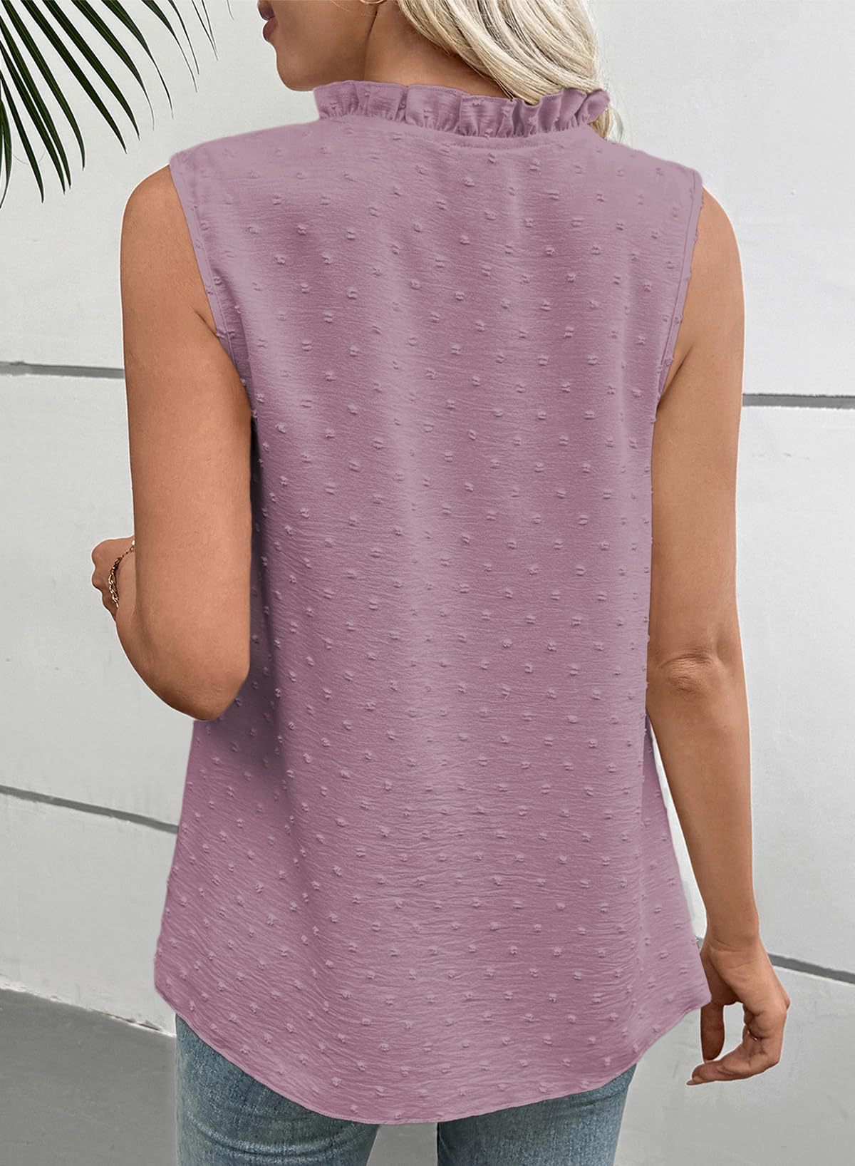 Women's Swiss Dot Lace Trim Sleeveless V-Neck Blouse, Relaxed Fit Breathable Top For Casual & Office Wear_ecoleips.com