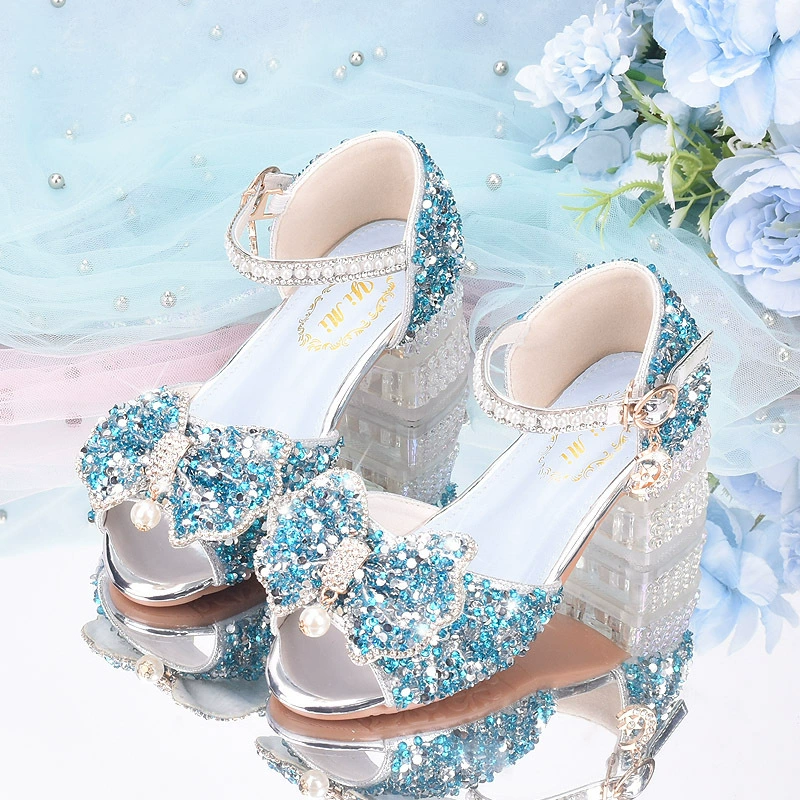 Туфли на высоком каблуке для девочек новая мягкая подошва детские сандалии хрустальные туфли для девочек