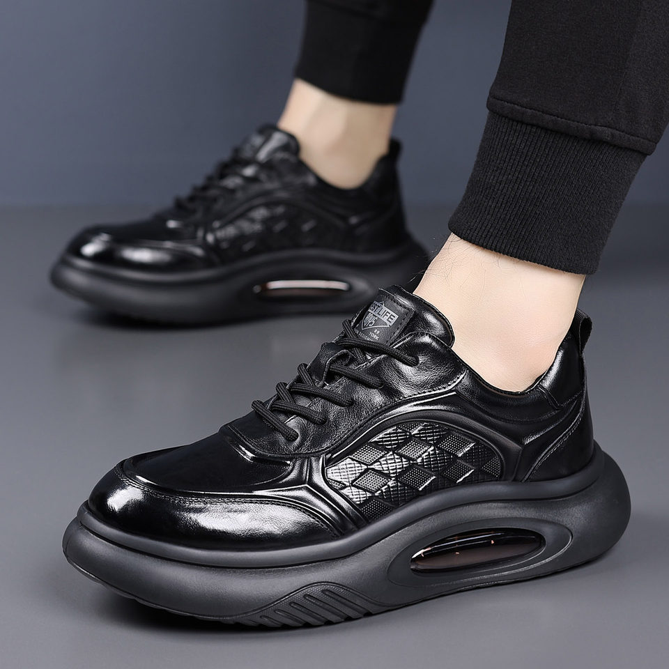 Giày thể thao nam da bò thật đế dày tăng chiều cao, giày sneaker nhẹ thoáng khí gót 3–5 cm — màu nâu, màu đen