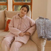 冬款三层夹棉情侣居家加厚睡衣套装印花开衫宽松家居服可外穿