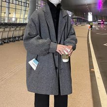日系灯芯绒毛呢大衣男轻熟风大码西装领中长款百搭潮牌秋冬季外套