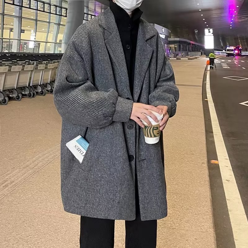 日系灯芯绒毛呢大衣男轻熟风大码西装领中长款百搭潮牌秋冬季外套