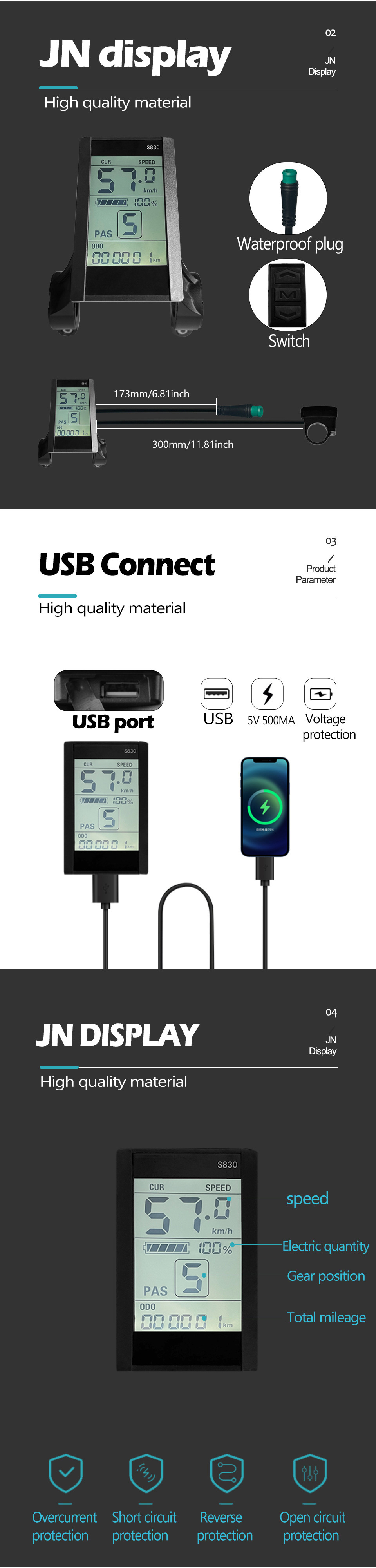 Bicycle lithium battery modification accessories LCD-S830 electric scooter smart LCD meter/waterproof connector